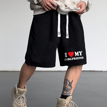 Men's Casual Shorts with "I Love My Girlfriend" Letter Print - Elastic Drawstring Waistband, Regular Fit, Machine Washable Black Summer Shorts for Casual Attire, Smooth Texture Fabric, Leisure Wear, Relaxed Fit, Breathable Ma