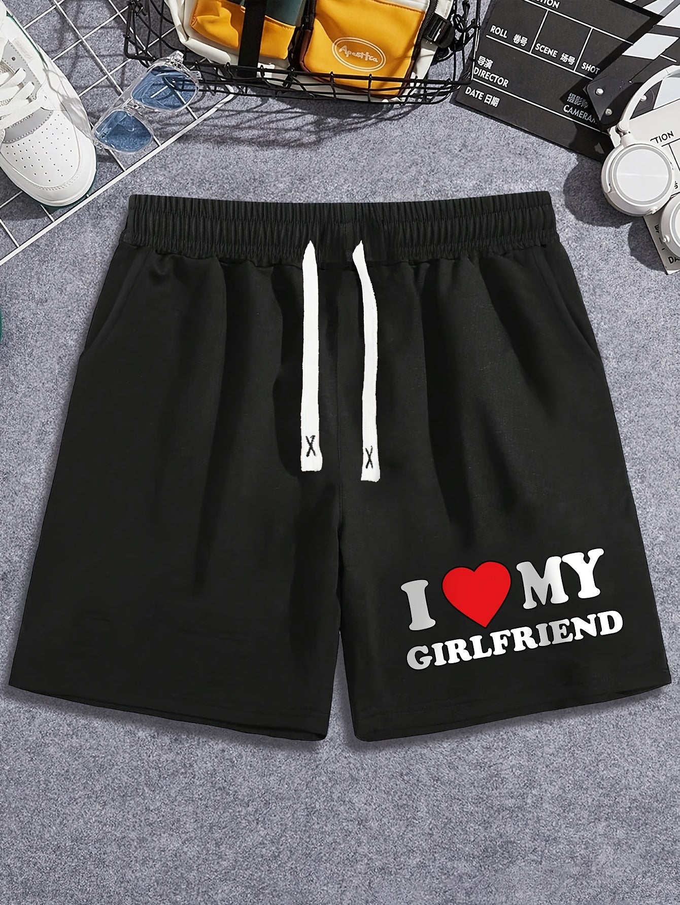 Men's Casual Shorts with "I Love My Girlfriend" Letter Print - Elastic Drawstring Waistband, Regular Fit, Machine Washable Black Summer Shorts for Casual Attire, Smooth Texture Fabric, Leisure Wear, Relaxed Fit, Breathable Ma