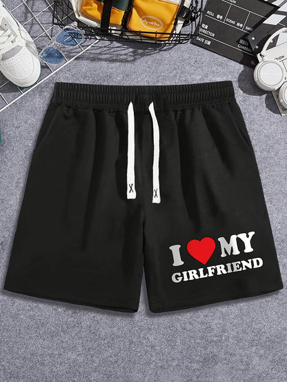 Men's Casual Shorts with "I Love My Girlfriend" Letter Print - Elastic Drawstring Waistband, Regular Fit, Machine Washable Black Summer Shorts for Casual Attire, Smooth Texture Fabric, Leisure Wear, Relaxed Fit, Breathable Ma