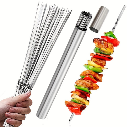 15pcs of Stainless Steel Skewers And 1 Storage Tube for Barbecuing; Reusable Grill Skewers for Shish Kebab And Camping Flat Forks Gadgets