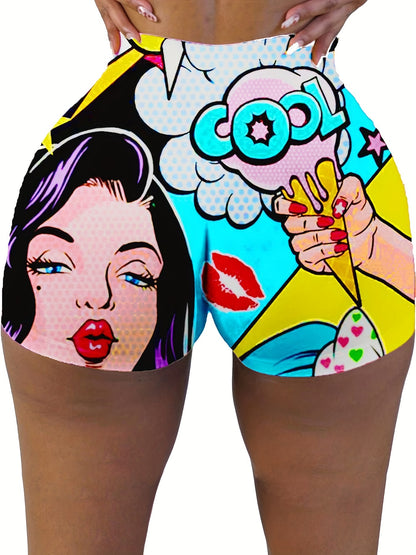 Vibrant Cartoon Print Skinny Shorts - Women's Yoga Casual Summer Shorts with Elastic Waistband and Pockets - Comfortable and Stylish Clothing for Active Ladies