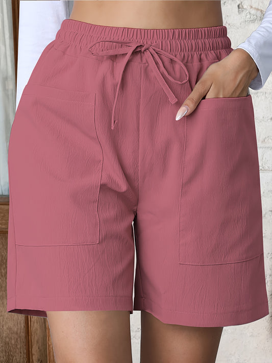 Women'S Casual Summer Shorts, Solid Color Polyester with Spandex, Woven Fabric, 140g/m², with Pockets and Drawstring, Fashionable Relaxed Fit