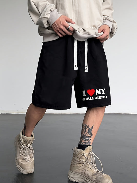 Men's Casual Shorts with "I Love My Girlfriend" Letter Print - Elastic Drawstring Waistband, Regular Fit, Machine Washable Black Summer Shorts for Casual Attire, Smooth Texture Fabric, Leisure Wear, Relaxed Fit, Breathable Ma